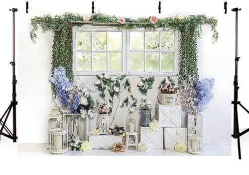 AIBIIN Toile de fond pour photographie de fenêtre de printemps de 2,1 x 1,5 m - Décoration de jardin de Pâques - Herbe - Fleur - Fête d'anniversaire - Portrait - Décoration de fête prénatale -