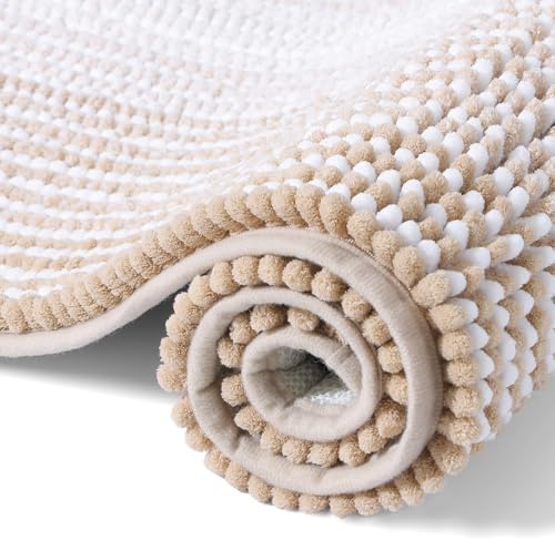 OLANLY Tappeto da bagno in ciniglia, morbido e assorbente, antiscivolo, in microfibra, lavabile, per bagno, 40 x 60 cm, beige