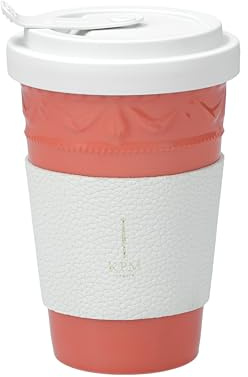 KPM Berlin KURLAND To-Go Becher Pfirsich 0.35l inkl. weißer Ledermanschette (goldene Prägung) und Deckel, Porzellan, Kaffeebecher, handmade im Geschenkkarton