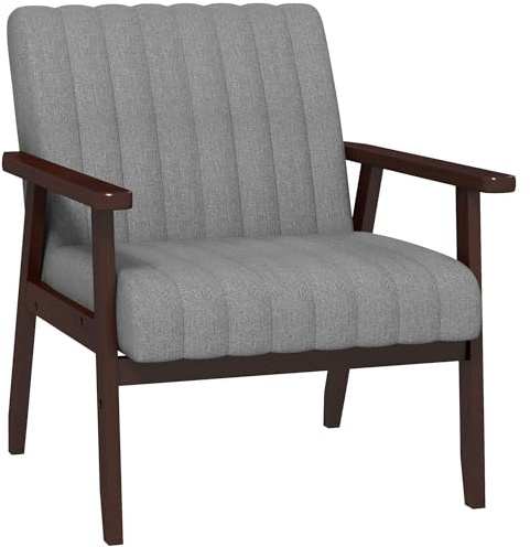 HOMCOM Fauteuil de lecture pour chambre à coucher en tissu, fauteuil rembourré avec accoudoirs en bois et coutures tubulaires, gris