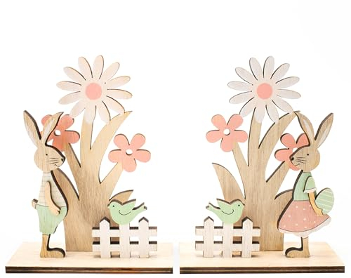 KARTENVERLIEBT Handgefertigtes 2er Osterhasen Deko-Set aus Holz, je 13x10x4 cm, in Mint grün, weiß & rosa, mit Ei und Vögelchen auf Zaun - frühlingshafte Osterdekoration für EIN schönes Zuhause