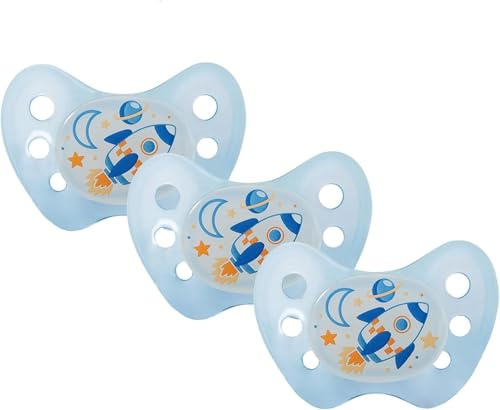 dentistar Night Silikon Schnuller 3er-Set - Größe 2, 6-14 Monate - Glow in the Dark Nuckel mit Dentalstufe – BPA-frei – Made in Germany - Rakete, Blau