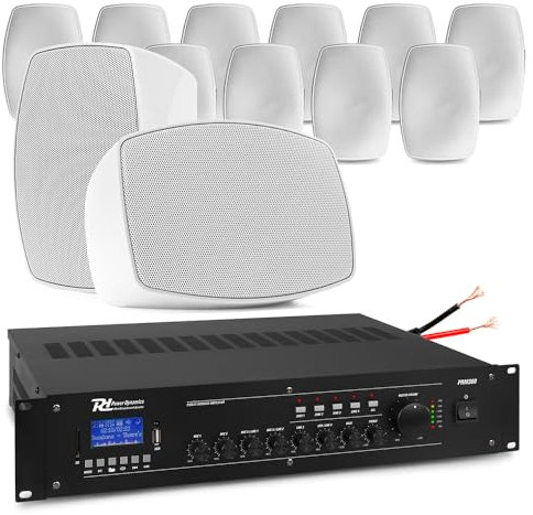 Power Dynamics Wall Speakers System, 12x 5.25 White Weatherproof Commercial Outdoor Speaker Set, 360W 4-Zone Amplifier, Bluetooth Background Music for Restaurant, Pub Speaker System