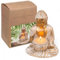 MIJOMA Figura decorativa de Buda, oro y blanco, aspecto vintage, polirresina, 14-34 cm de altura, opcional, con portavelas, calma espiritual y elegancia (10 x 8,5 x 14 cm con portavelas)