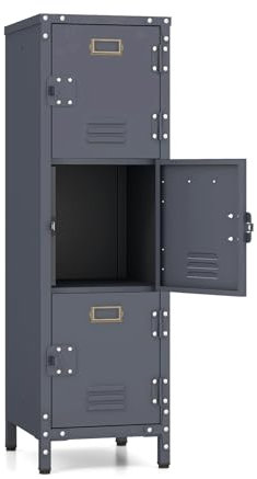 GOPLUS Metallschrank, Bürocontainer mit 3 abschließbaren Schränke, Metallspind mit verstellbaren Füßen & Kippschutz, Spind Büroschrank Schließfachschrank für Zuhause, Büro & Werkstatt