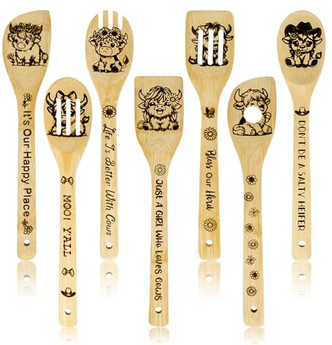 Whaline 7Pcs Sunflower Highland Cow Wooden Spoons Set Cute Sunflower Cartoon Cow Wooden Spoons Natural Burned Cooking Utensil Spoon for Home Kitchen Summer Decoration Supplies