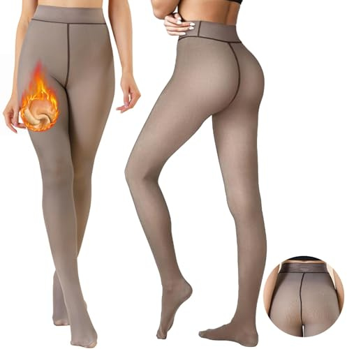 CheChury fleecefodrade tights för kvinnor, varma strumpbyxor med hög midja, termiska leggings, falska genomskinliga strumpor, skinnfärgad, gren, en söm, tights för vintern, Kaffe ren hud fleece, L-XL