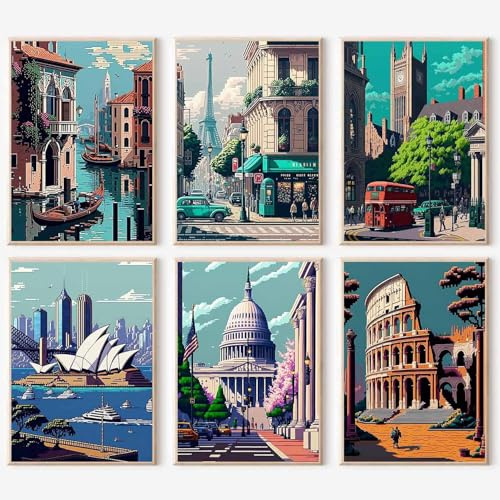 YALKIN 6 Packs Paint by Numbers Kits for Adults, Castle Landscape Painting by Number Kits On Canvas,Without Frame DIY Color Oil Painting Acrylic Paints,Home Wall Decor 12x16in/30x40cm