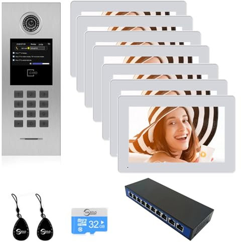 Tuya Smart Video Intercom System 6 Unit 7 Inch IP Video Intercom Phone for Apartment Building Security Home Access Control System,Door/Gate Unlock,Night Vision(1 Doorbell+7 Monitor+1 POE)