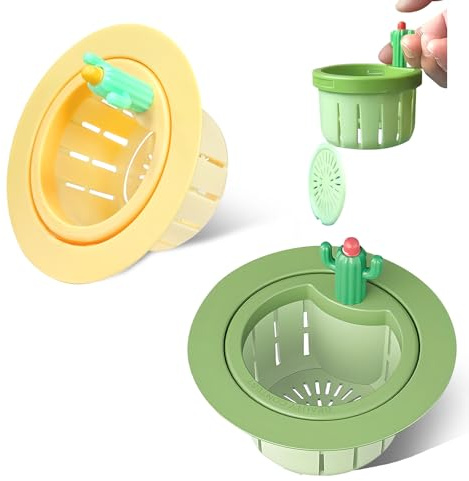2 coladores de drenaje para fregadero de cocina de cactus para 7.6 cm a 10.8 cm de diámetro, filtro de drenaje de alimentos con junta, cesta de descarga automática (amarillo y verde)