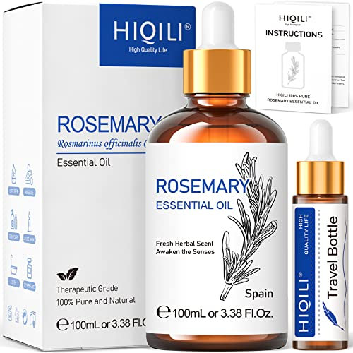 HIQILI Rosmarin Ätherisches Öl 100ml, 100% Naturrein Rosmarinöl Für Haarwachstum, Kopfhautpflege, Aromatherapie, Diffuser und Massage – Gratis Eine Reiseflasche