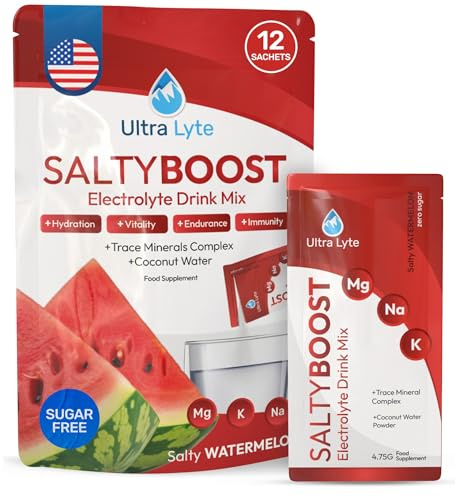 Ultra Lyte Elektrolytes Getränkemix - zuckerfreies salziges Wassermelonenpulver - 12 Beutel mit hohem Natrium-, Spurenmineral- und Kokoswasser - Hydratation für Fitness, Ausdauer und Wellness