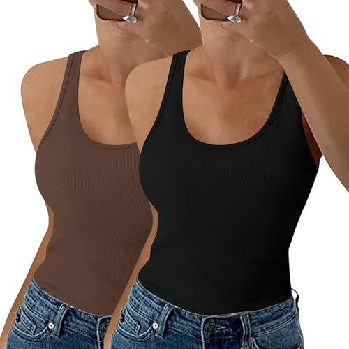 Aottori Canotta Donna Elegante Estivi Canottiera a Coste Girocollo Top Senza Maniche Sottogiacca Traspirante Elasticizzato Tank Top Cotone 2er Pack Nero+Marrone S