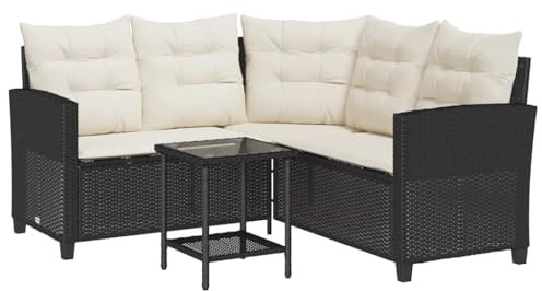 vidaXL Trädgårdssoffa med bord och kuddar L-formad svart konstrotting, utesoffa, trädgårdsmöbler, pallsoffa, trädgårdssittplatser, utemöbler