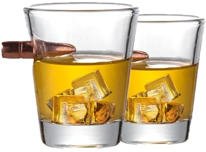 Culcenor Verres à Whisky avec Balle Calibre – Verres en Cristal sans Plomb – Cadeau Original pour Homme, Papa, Amateur de Bourbon ou Scotch – Anniversaire, Noël, Saint-Valentin (C-2pc)