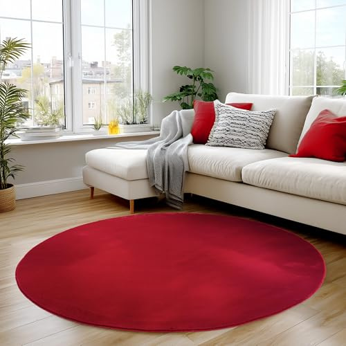 Carpettex Runder Teppich Rot 80 cm- Kurzflor Teppich Waschbar, rund, weich & rutschfest, modern einfarbiges Design für Wohnzimmer, Küche Schlafzimmer, & Kinderzimmer