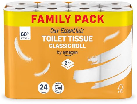 Our Essentials by Amazon Toilet Tissue Classic Roll, 2-ply, 24 Rolls (1 Pack of 24), 200 Sheets per Roll