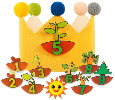Macamolly Geburtstagskrone Kinder als Symbol der Wachstumsreise vom Keimling zum Baum - Krone Geburtstag mit Zahlen 1-9 - Geburtstags-Dekogeschenk mit Aufbewahrungsbeutel, Gelb