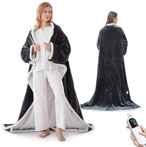 Snugama Heated Blanket, 2025 New Portable Electric Wearable Throw Blanket with Foot Pocket, 8 Heat Settings & 6 Timer Settings, 127 * 177CM, Lightweight Comfortable (Black)