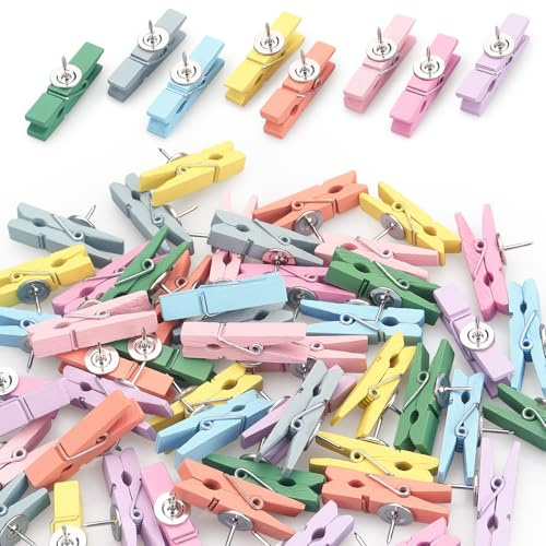 50 PCS Wooden Clips Colorful Push Pins Tacks for Cork Board Artwork, Crafts Arts Projects(Macaron)