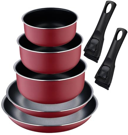 Set de 2 poêles Ø22Ø26cm avec manche amovible + 3 casseroles Ø16Ø18Ø20cm avec manche amovible - en aluminium pressé couleur rouge Click&Cook Bergner