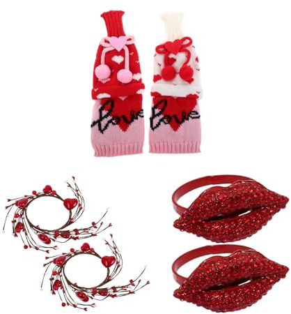 LOGOFUN 6pcs Valentine's Day Heart Berries Candle Rings Knitted Wine Bottle Covers Rhinestone Napkin Holders Ring Festive Table Decor