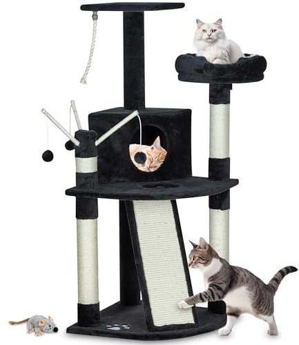 zooprinz Kratzbaum 121 cm schwarz mit Höhle und Liegefläche | Katzenkratzbaum mit Bett, Sisal-Kletterrampe und Kratzsäule, Katzenturm für Indoor-Katzen