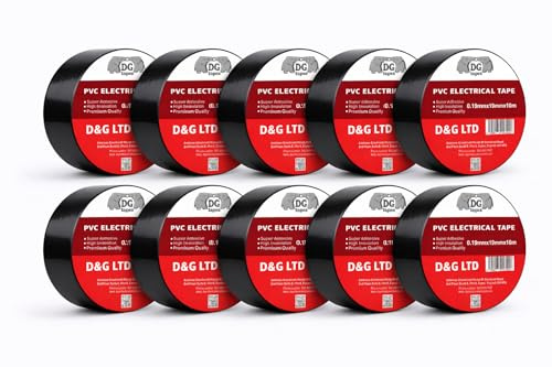 D&G Black Electrical Tape 10 Pack – 19mm x 10m PVC Insulation Tape, Strong Adhesive, Waterproof, Heat & Flame Resistant for Wiring, Cable Repair & DIY