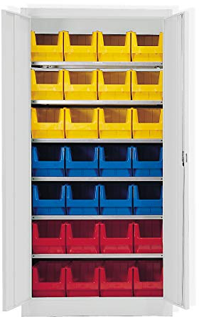 mauser | Magazinschrank | einfarbig | mit 28 Sichtlagerkästen | 6 Fachböden | grau
