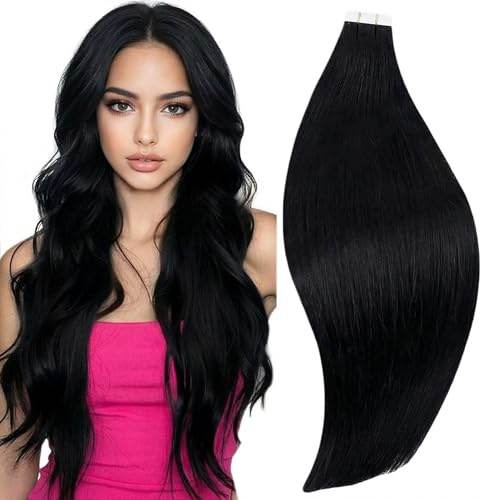 RUNATURE Tape in Extensions Echthaar Schwarz 25cm 20pcs 30g #1 unsichtbar | Nahtlose Tape-Integration Mit Remy Haar – Hitzebeständig, Pflegeleicht. Tiefes Schwarz, Atmungsaktiv Und Federleicht.