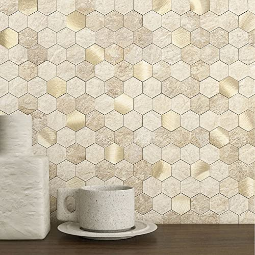 M MOFIT 3D Papier peint autocollant pour mur de cuisine, mosaïque hexagonale, mosaïques, carreaux de marbre, autocollants pour carrelage, aspect marbre (Beige 10 feuilles)