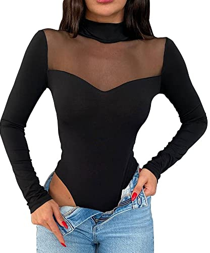 KOEMCY Body Mujer Manga Larga Blusa Elegante Malla Mono Bodysuit Color Sólido Jumpsuit Bodies Vestir Casual Blusa Tops Ropa de Dormir Una Pieza (Negro,S)