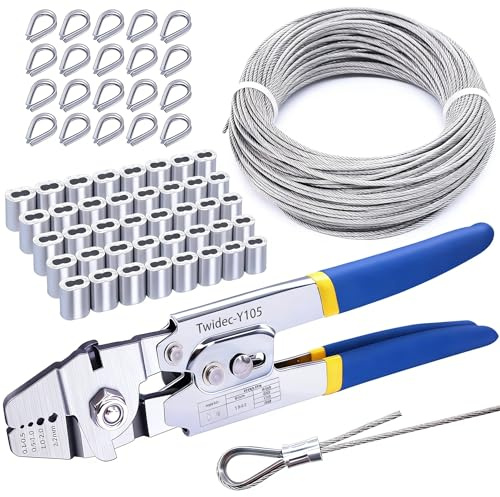 Twidec/Wire Rope Crimping Tool Kit Up To 2.2mm Swaging Tool With 165FT 1/16'' 304 stainless steel Wire Rope And 150PCS 1/16''Aluminum Crimping Loop Sleeve 20PCS Wire Rope Thimbles