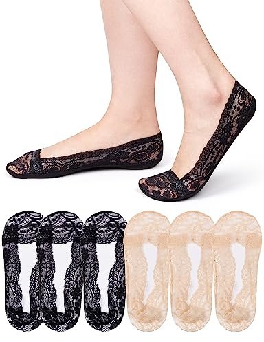 MELLIEX 6 par damstrumpor, osynliga bomullsneakers, ventilerande ballerina-strumpor med halkfri silikon, Svart, naken, one size