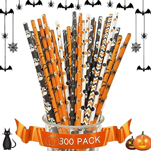 Cannucce di Carta Colorata, 300 Pezzi Halloween Cannucce, Grado Alimentare Cannucce di Carta Colorate, Adatte per la Casa, il Bar, la Festa di Halloween