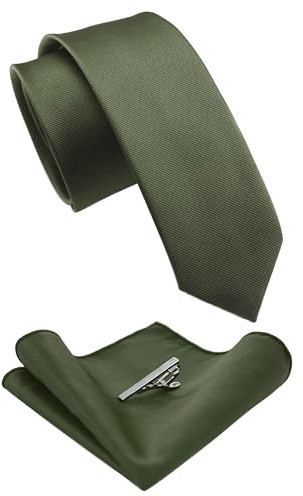 JEMYGINS 2.4 Olive Green Skinny Tie and Pocket Square with Tie Clip Sets for Men (42)