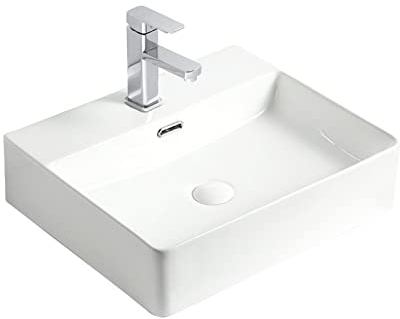 Waschbecken Rechteckiges Badezimmer-Waschbecken aus weißer Keramik, 19,6×16,5 über der Arbeitsplatte, Porzellanwaschbecken mit Wasserhahn-Kombination for Badezimmer, Hotel oder Bar Aufsatzwaschbecke