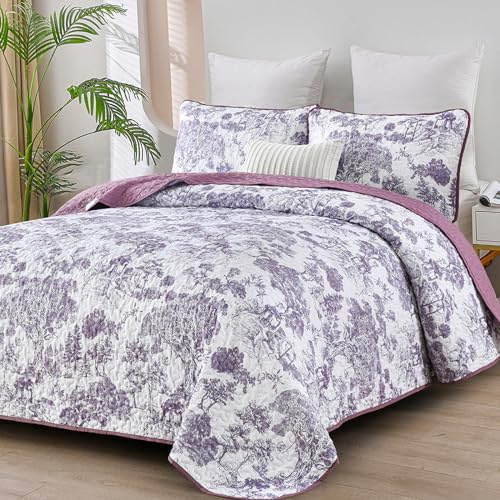 WONGS BEDDING Purple Quilt Set Queen Size, Botanical Floral Bedspresd