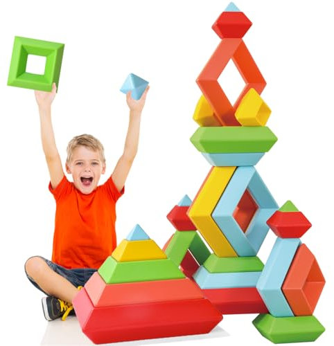 Large Building Blocks Set - 30 Giant Blocks for Stacking - Develops Hand Eye Coordination & Cognitive Skills - Ages 4-8 - Indoor & Outdoor Play