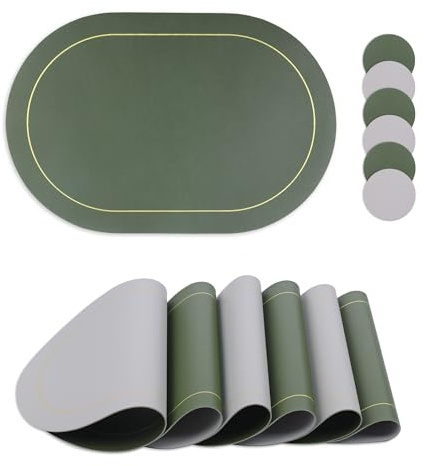 fanquare Platzsets und Untersetzer 6er Set Doppelseitige PU Leder Tischsets Oval Dunkel Grün Grau Platzsets rutschfest Hitzebeständig Tischsets für Zuhause Küche Restaurant Hotel 45x30cm
