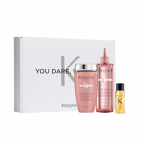 Kérastase Pflegeset mit Chroma Absolu Bain Chroma Respect (250 ml), Chroma Absolu Soin Acide Chroma Gloss (210 ml) und Elixir Ultime Huile Originale Haaröl in Reisegröße (15 ml) gratis