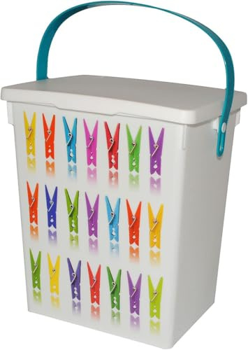 eMKay® Plastic 5Lt Peg Design Pegs Storage Box Container Caddy with Lid (Turquoise Handle OR Purple Handle - ONE RANDOM SUPPLIED)