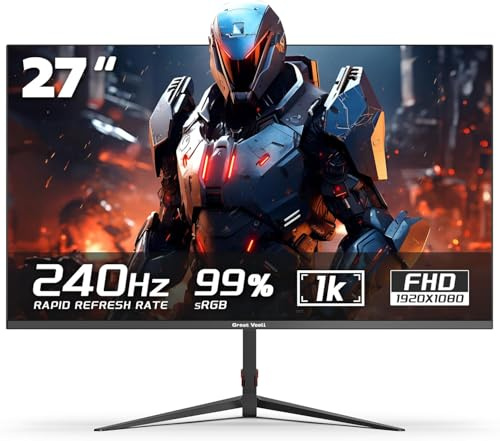Great voell 27 Zoll Flach Gaming Monitor 240Hz 0.5ms HDR10 FreeSync VESA Montage DREI-Seiten Schmalrand Schwarz