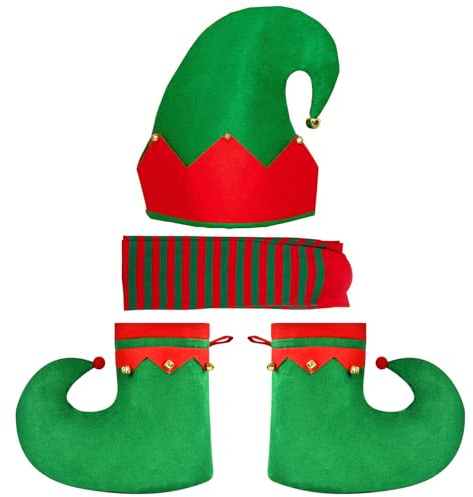 WEINIBAO Cappello da Elfo di Natale, Accessori per Costumi Con Copriscarpe e Calze a Righe Verdi e Rosse, Cappellino e Scarpe per Adulto