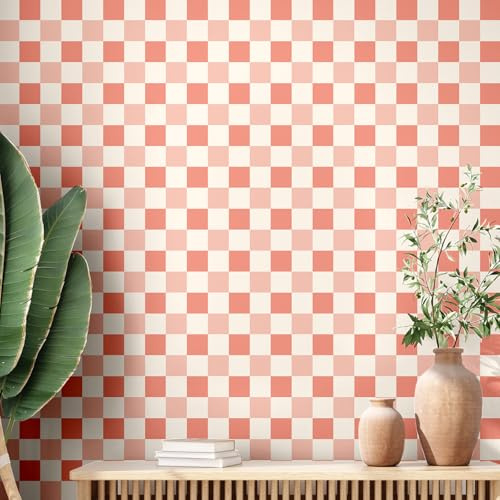 Drydiet Pink Checkered Peel and Stick Wallpaper Gingham Plaid Funky Checkered Contact Paper Waterproof Vintage Wallpaper Checkerboard Decor for Bathroom Cabinet(15.75'' x 118)