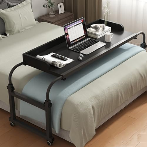 Höhenverstellbarer Betttisch auf Rollen für tägliche Entspannungsarbeit, mobiler Laptop-Trolley mit verstellbarer Breite und Höhe, Rollwagen, kann angehoben werden, 65 x 95 cm, schwarz, 140 x 45 cm
