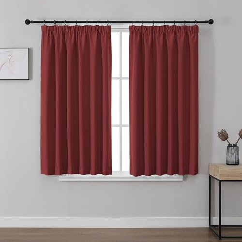 Joydeco Pencil Pleat Blackout Curtains 54 Inch Drop, Thermal Insulated Soft Short Window Treatment for Living Room Bedroom, Rod Pocket Ring Top Track Rail, Burgundy Red, 46 x 54 Inch - 2 Panels
