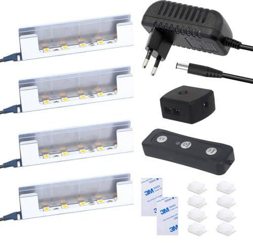 OASHISU Vitrinenbeleuchtung 4er Set 6 * 5050SMD Warmweiß LED- Glasbodenbeleuchtung LED inkl. 12V Netzteil mit Schalter, LED Clips warmweiß Glaskantenbeleuchtung für Vitrine, Regal, Tisch