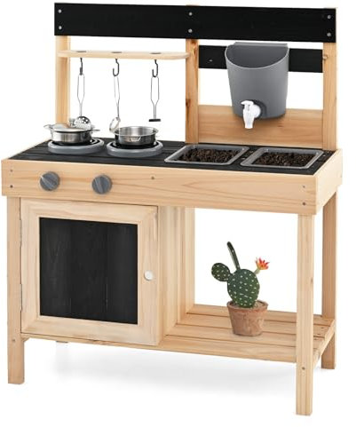 COSTWAY Cuisine Extérieure Enfant avec Tableau Noir & 2 Éviers Amovibles, Cuisine de Boue en Bois de Sapin avec 5 Ustensiles & Étagère, Jeu d'Imitation Boueuse pour Enfant de 3 Ans+