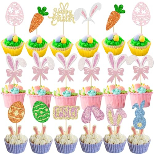 Rabbit Cake Toppers 36pcs Glitter Bunny Cupcake Toppers, Rabbit Theme Happy Easter Baby Shower Birthday Bunny Easter Cupake Decorations Party Supplies